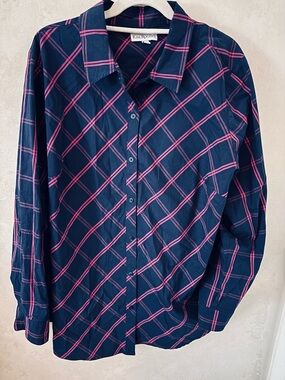 Kim Rogers Navy & Pink Plaid Casual Button-Down Shirt, 2X